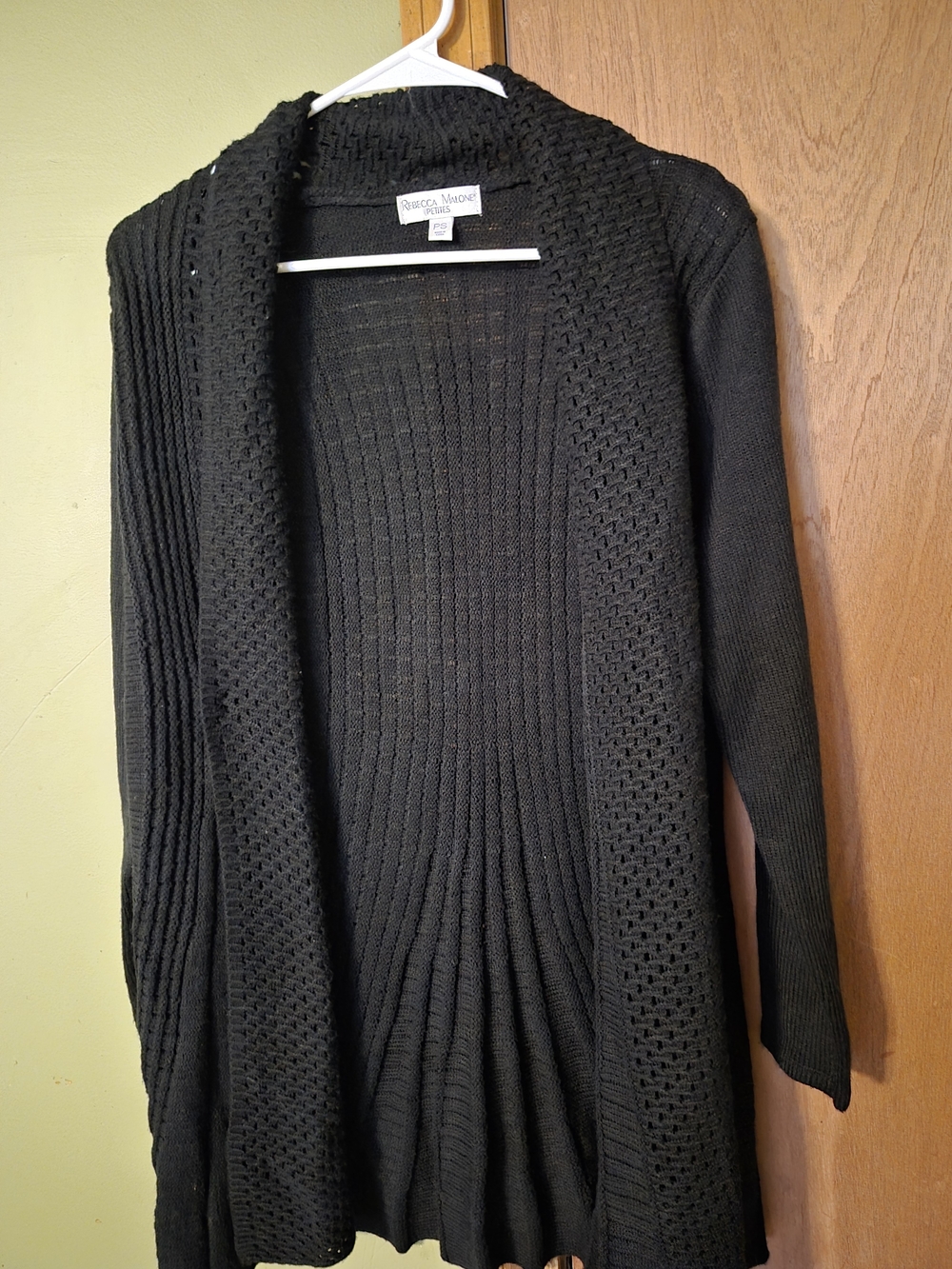 Rebecca Malone Black Open-Front Textured Knit Cardigan